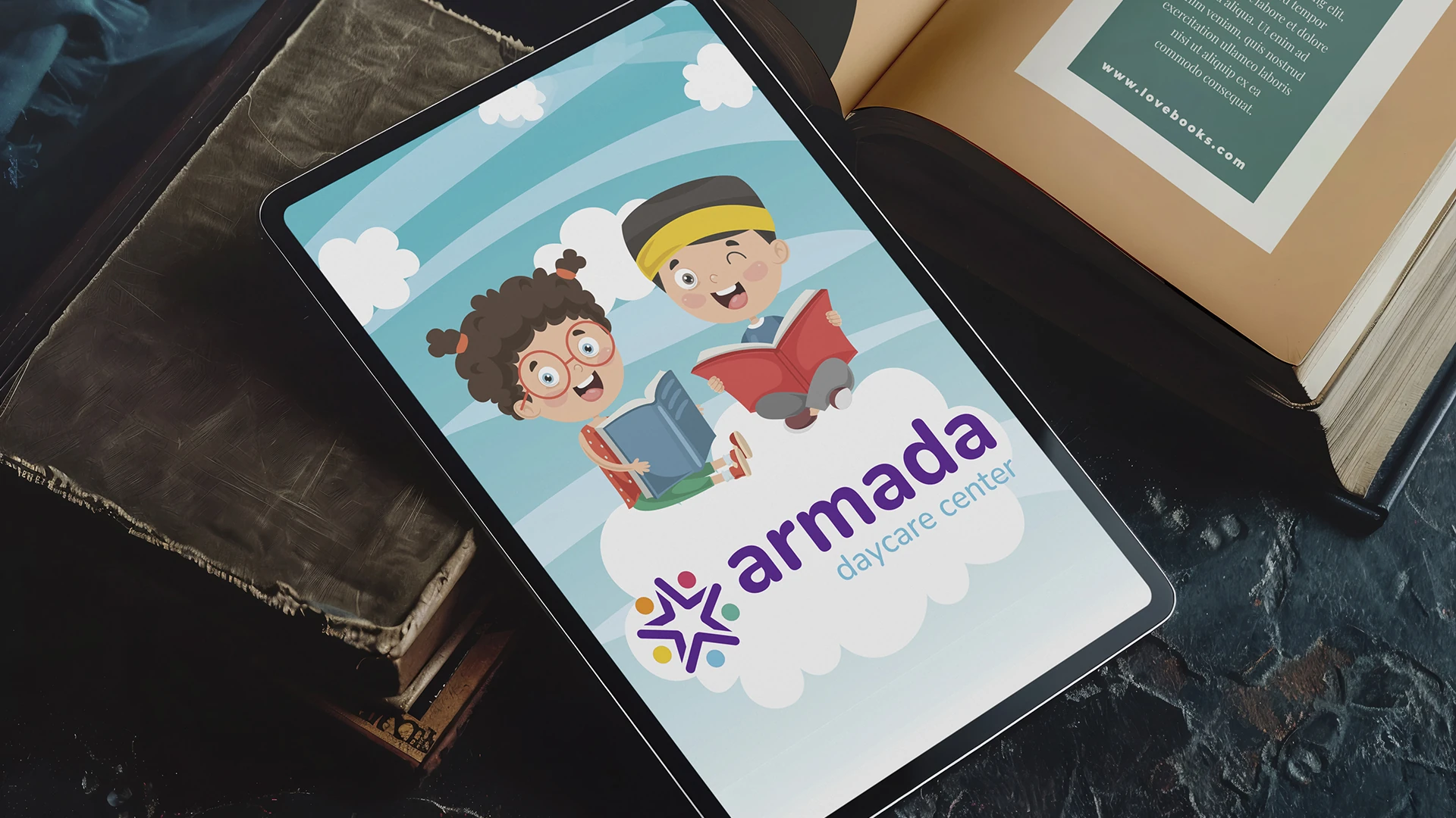 Armada Daycare logo shown on a ebook mockup