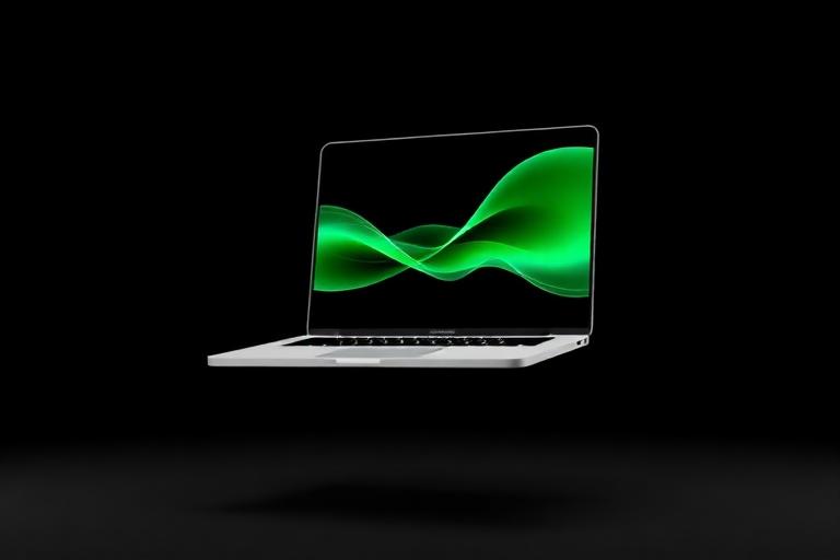 Sleek 3D render of a floating laptop with abstract UI